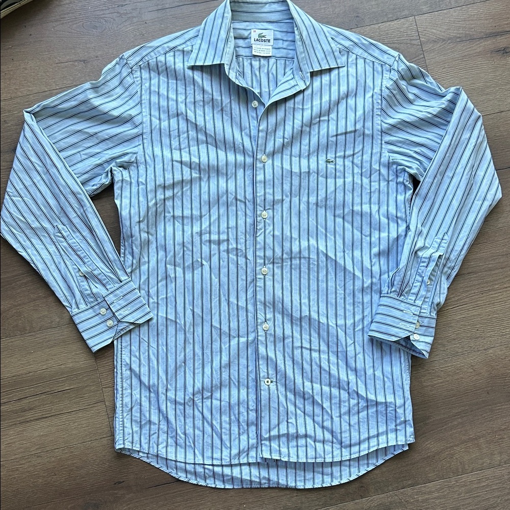 Lacoste Men’s Blue and White Striped Dress Shirt ! Size 38 large